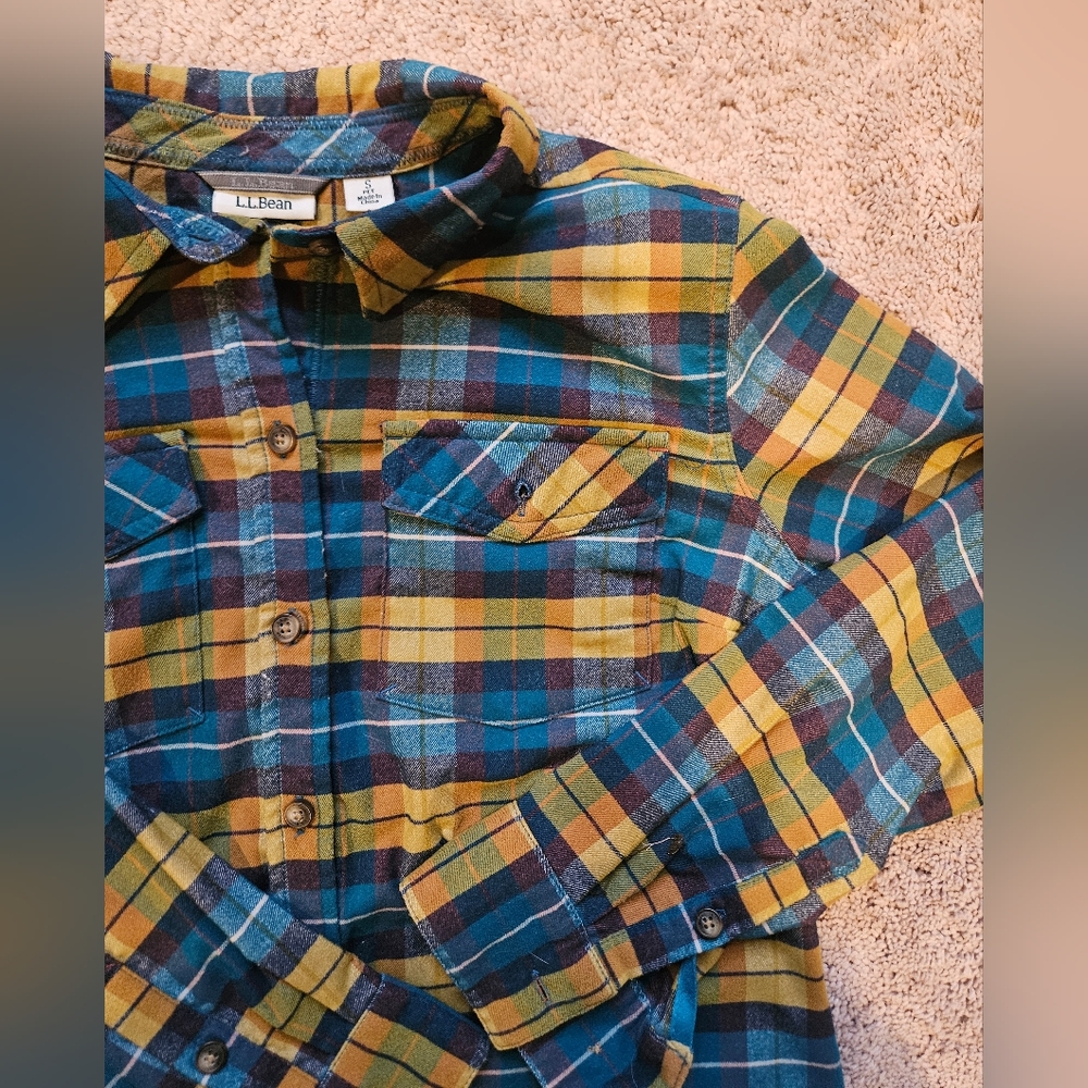 L.L Bean Shirt Womens Small Blue Yellow Plaid Flannel Button Up Outdoors EUC